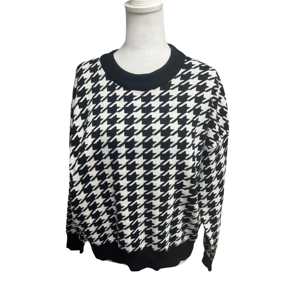 T Tahari Houndstooth Retro Sweater Crew Neck Black White Sz L Preppy Old Money